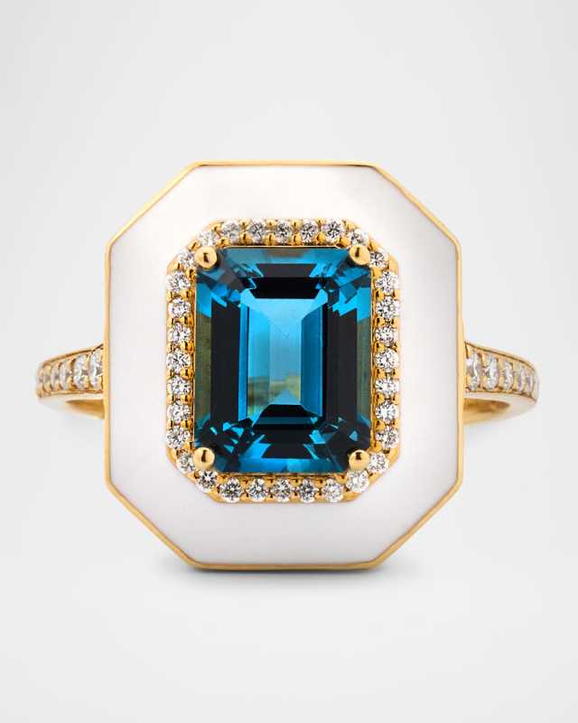 Queen 18K Yellow Gold London Blue Topaz Emerald Cut Ring with Diamonds and White Enamel, Size 6.5